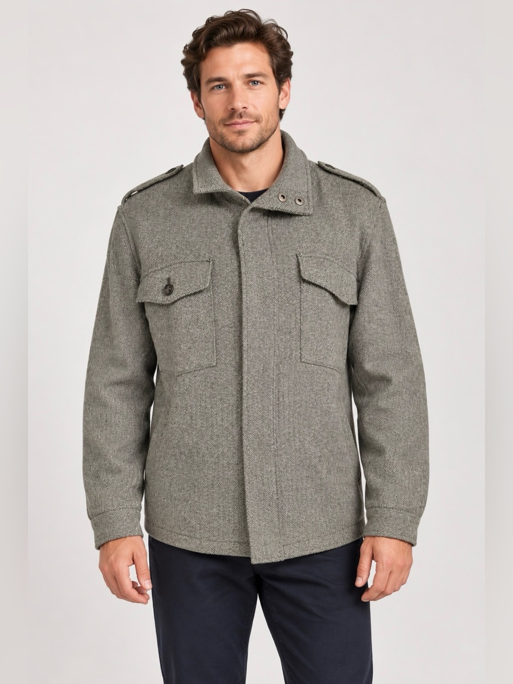 Banana Republic Jacket Mens L Herringbone Wool Blend Lined Front Side Pocket VTG
